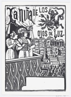 A woman and a man standing on a balcony looking up at a flying monster in the sky, La Niña de los Ojos de Luz, published by Antonio Vanegas Arroyo, ca. 1880-1910.