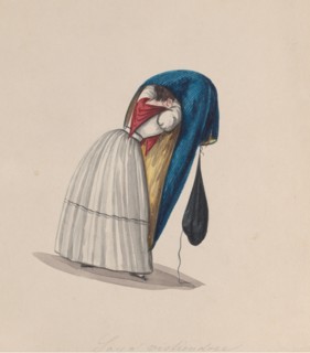 A woman getting into her saya viewed from behind, from a group of drawings depicting Peruvian costume, ca. 1848.