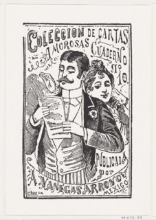A woman looking over a man's shoulder at the letter in his hand, illustration for 'Coleccion de Cartas Amorosas Cuaderno No. 10,' published by Antonio Vanegas Arroyo, ca. 1880-1910.