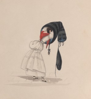 A woman putting on her saya, viewed from behind, from a group of drawings depicting Peruvian costume, ca. 1848.