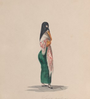 A woman wearing the saya standing in profile, from a group of drawings depicting Peruvian costume, ca. 1848.