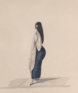 A woman wearing the saya standing in profile, from a group of drawings depicting Peruvian costume, ca. 1848.