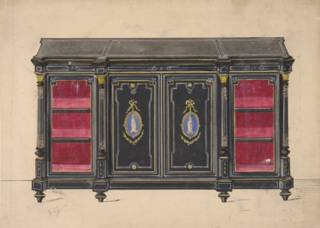 Cabinet Design with Porcelain Plaques and Red Interior, 19th century.