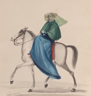 An elegantly dressed woman on horseback, from a group of drawings depicting Peruvian costume, ca. 1848.