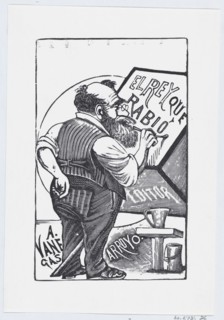 An old man with spectacles and one hand behind his back painting on a wooden block, illustration for 'El Rey que Rabio', ca. 1880-1910.