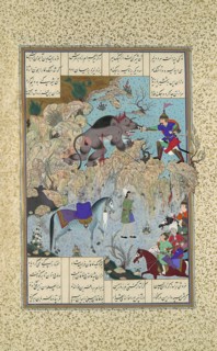Bahram Chubina Slays the Lion-Ape, Folio 715v from the Shahnama (Book of Kings) of Shah Tahmasp, ca. 1530-35.