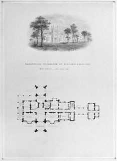 Belmead, James River, Virginia (vignette of riverside elevation and plan), ca. 1850.