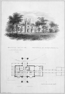 Belmead, James River, Virginia, Residence of Philip St. George Cocke (vignette of riverside elevation and plan), 1845.