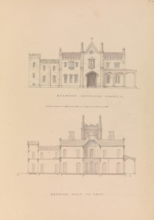 Belmead, James River, Virginia: Entrance façade and west-east section (recto); North-south section and upper floorplan (verso), 1845.