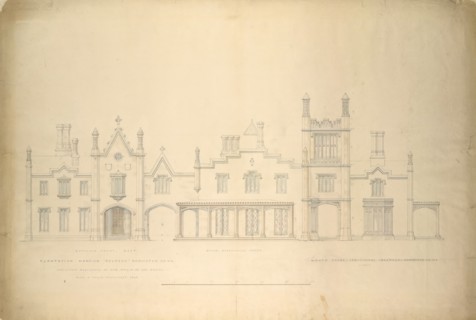 Belmead, Plantation Mansion for Philip St. George Cocke, Powhatan Co., Virginia (partial elevations of entrance facade, greenhouse facade and James River facade, shown as continuous), 1846.