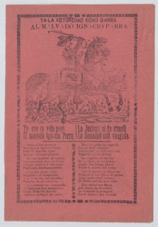 Broadsheet about a thief named Ignacio Parra, who is shown on horseback holding a sword, ca. 1900-1913.