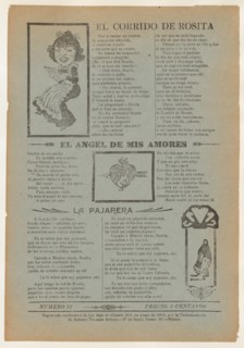 Broadsheet featuring three love ballads with vignettes showing a woman reading, a woman's head in a heart pierced by an arrow and a woman walking, 1918 (published).