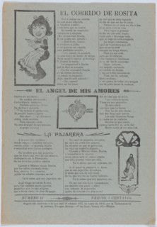 Broadsheet featuring three love ballads with vignettes showing a woman reading, a woman's head in a heart pierced by an arrow and a woman walking, 1918 (published).
