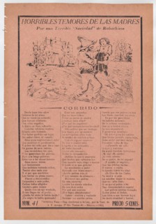 Broadsheet relating to a fear of kidnappers, a kidnapper grabbing a child in a field while a horse carriage waits in the background, ca. 1920 (published).