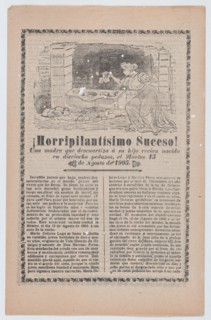 Broadsheet relating to a news story about a young mother who dismembered her newborn, a woman discovering the scene of the crime, 1905.