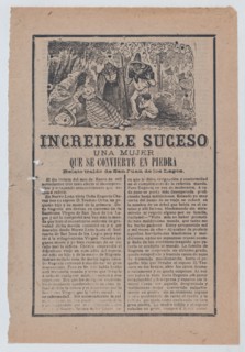 Broadsheet relating to a story about a woman who has turned into stone, a group of people discovering her in the woods, ca.1903.
