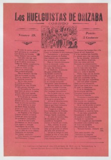 Broadsheet relating to a workers' strike in Orizaba, workers holding up the Mexican flag, flanked by soldiers, 1920 (published).