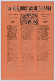 Broadsheet relating to a worker's strike in Orizaba, workers holding up the Mexican flag, flanked by soldiers, 1920 (published).