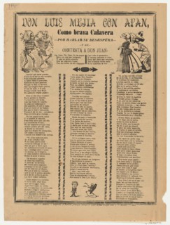 Broadsheet relating to Don Luis Mejia con Afan, a corrido (ballad) in the bottom section, 1907.