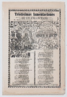 Broadsheet relating to people being tricked into working in tobacco fields, a man warning a crowd about harsh labor conditions, 1903.