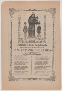 Broadsheet relating to Saint Anthony of Padua who is shown holding the Christ child flanked by a candelabra with flowers, ca. 1900-1913.