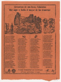 Broadsheet relating to skeletons rising from their graves, two skeletons duelling with swords, 1904.