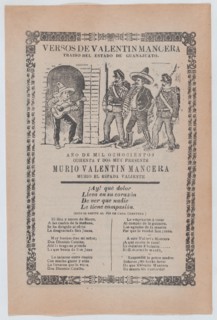 Broadsheet relating to the capture of the outlaw Valentín Mancera: guitarist singing in a doorway, as two soldiers escort Mancera, ca.1902.