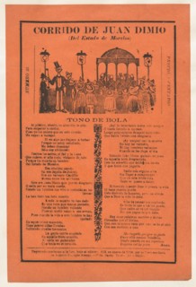 Broadsheet relating to the death of Juan Dimio, crowd of people gathered around a gazebo while a man wearing a top hat looks out toward viewer, 1918 (published).
