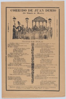 Broadsheet relating to the death of Juan Dimio, crowd of people gathered around a gazebo while a man wearing a top hat looks out toward viewer, 1918 (published).