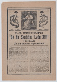 Broadsheet relating to the death of Pope Leo XIII, he is shown in his study flanked by angels, ca. 1900-1913.