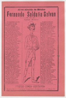Broadsheet relating to the ex mayor of Mexico, Fernando Saldaña Galvan, who is standing in the center covered in holes, ca. 1920 (published).