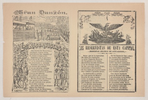 Broadsheet with a song about a military reserve, military personnel in formation, ca. 1890-1910.