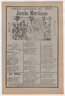 Broadsheet with songs for a Mexican courtship dance called the 'Jarabe Moreliano', a crowd of people and muscians, ca. 1919 (published).