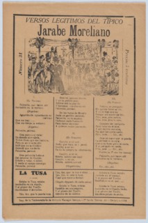 Broadsheet with songs for a Mexican courtship dance called the 'Jarabe Moreliano', a crowd of people and muscians, ca. 1919 (published).
