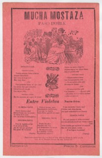 Broadsheet with songs for a two-step dance (paso doble), a man and woman talking while elegantly dressed couples dance in the background, ca. 1918 (published).
