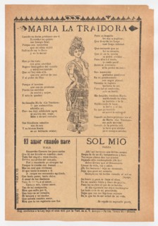 Broadsheet with three ballads about love, a woman wearing a dress and hat placing one hand to her chest and the other behind her back, ca.1920 (published).