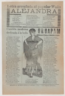 Broadsheet with two love ballads about desirable women, a woman wearing a shawl and a skirt with her hands placed on her hips, 1916 (published).