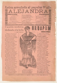 Broadsheet with two narrative love ballads about desirable women, woman wearing a shawl and a skirt with her hands placed on her hips, 1915 (published).