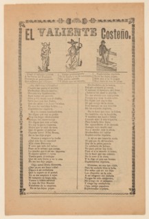 Broadside about a brave man from the west coast of Mexico, who is shown walking down a street wearing a sombrero, ca. 1899.