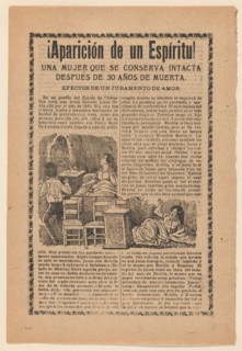 Broadside relating to a news story about an apparition of a spirit, women sitting up in bed looking at a ghost, ca. 1900-1913.