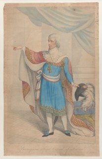 Buonaparte First Consul of France, 1800-04. full-length, in the costume of the Directoire, holding his hat, with a large ostrich-feather, in his left hand while his right arm is extended as he points ...