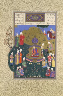 Buzurjmihr Appears at Nushirvan's Fifth Assembly, Folio 622r from the Shahnama (Book of Kings) of Shah Tahmasp, ca. 1530-35.