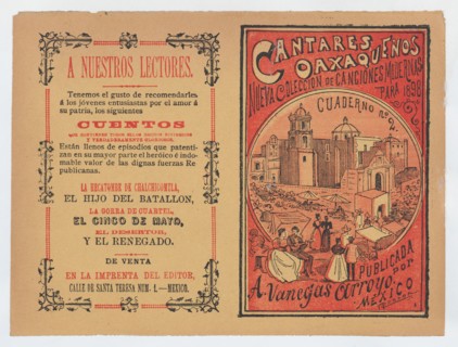 Cover for 'Cantares Oaxaqueños: Nueva Coleccion de Canciones Modernas para 1898', couples walking arm in arm on the outskirts of a town, ca. 1898.