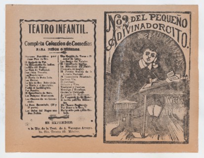 Cover for 'Del Pequeño Adivinadorcito', a young boy resting his head on his hand and writing at a desk, ca. 1890-1910.