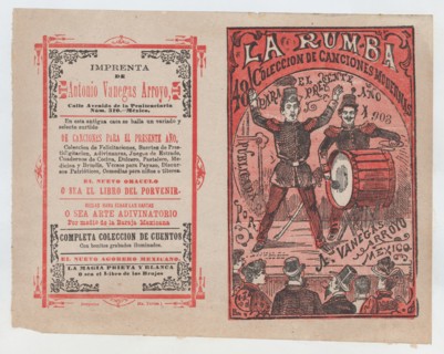 Cover for 'La Rumba: Coleccion de Canciones Modernas para el Presente Año 1903', a conductor and a drummer performing on stage for an audience, ca. 1903.