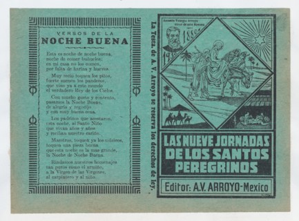 Cover for 'Las Nueves Jornadas de los Santos Peregrinos', Mary on horseback and Joseph being guided through Egypt by an angel, ca. 1880.