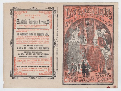 Cover for 'Las Torres Blancas', a group of people walking and looking up at two white towers, ca. 1900.