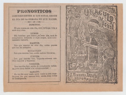 Cover for 'Oraculo Mignon', a witch brewing a potion in a cauldron, ca. 1880-1910.