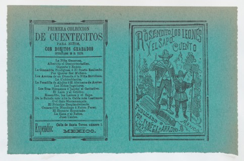 Cover for 'Rosendito, Los Leones, y El Sapo', a young boy and man holding walking sticks, ca. 1890-1910.
