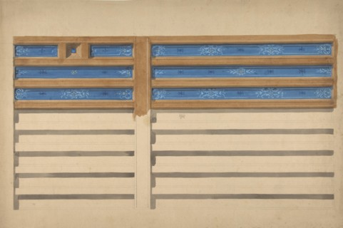 Design for a beamed ceiling with painted panels, 1830-97.